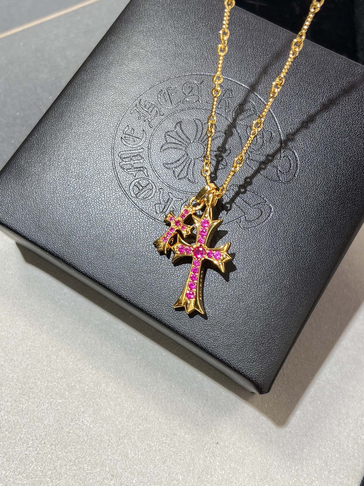 Chrome Hearts Gold Cross Pendant Necklace with Pink Stones